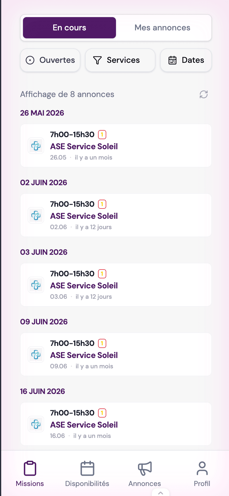 Aperçu de la liste de missions sur Le Pool