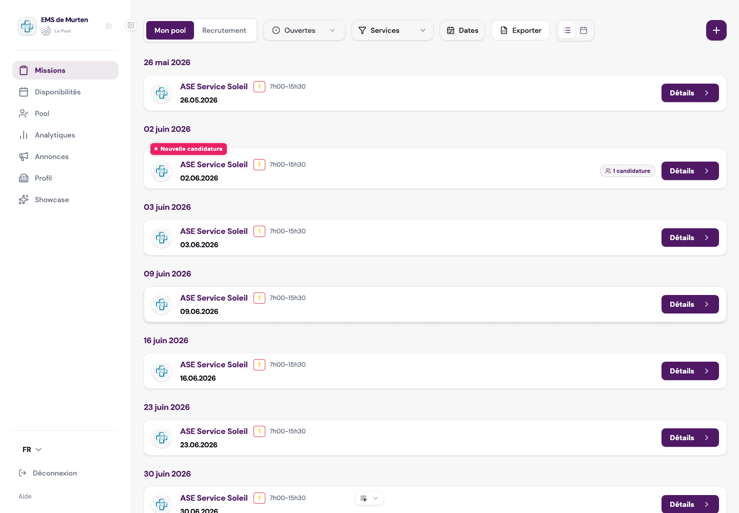 Interface web Le Pool pour la gestion des missions institutionnelles