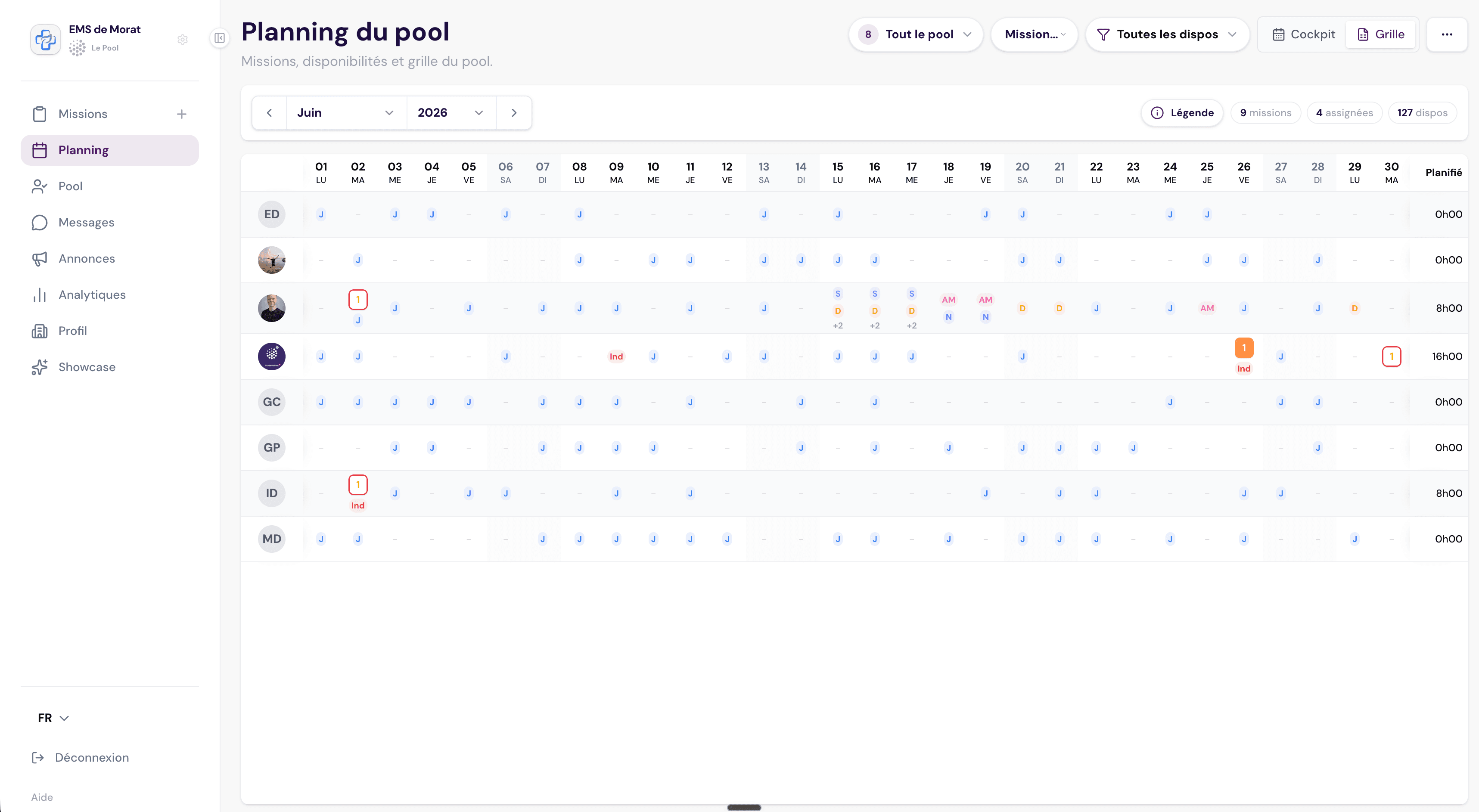 Vue grille des disponibilités et missions du pool Le Pool