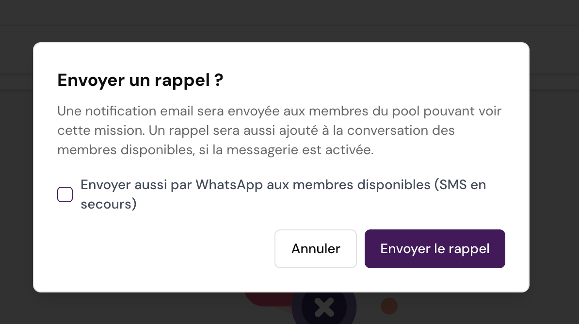 Option WhatsApp lors de la relance d’une mission